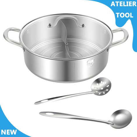 ATELIER Pot chaud en acier inoxydable 32cm/12.6in avec diviseur Pot chaud avec cuillère/ cuillère/ couvercle en verre (1/5)