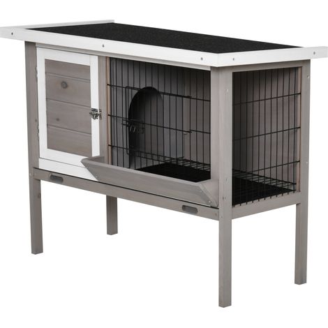 Kaninchenstall aus Holz mit Asphalt-Dach, herausnehmbarem Futtertrog und -wanne, 2 Türen, 91 x 46 x 71 cm, grau