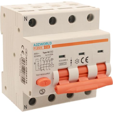 RCBO Interruttore Magnetotermico Differenziale Tipo AC Curva C 3P+N 4M 6000A 30mA AC 400V IP20 IEC61009-1 PL8M4, Corrente Disponibili 10A 16A 20A 25A 32A 40A (C16A)