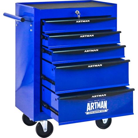 Carrello portautensili in metallo con 5 cassetti, acciaio, nero e blu (1/5)