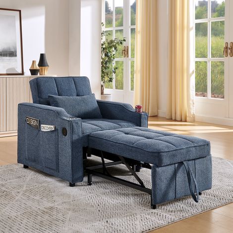 Canapé convertible 3-en-1 en bois et tissu bleu marine, sofa-lit avec fonction méridienne et ports USB (1/5)