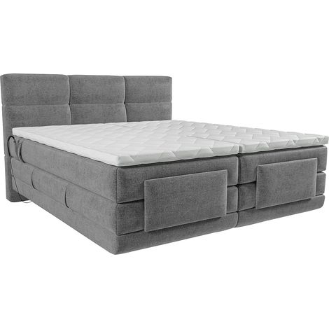 Vente-Unique – Ensemble boxspring électrique 2 x 80 x 200 cm – Matelas ressorts ensachés avec surmatelas mousse 30 kg/m³ – Tête de lit capitonnée – Gris clair
