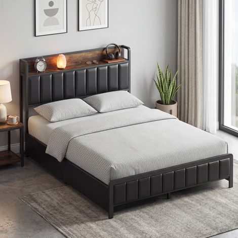 Struttura letto 140 x 190 cm con rete a doghe in metallo, letto matrimoniale imbottito con 4 cassetti e ripiano, nero