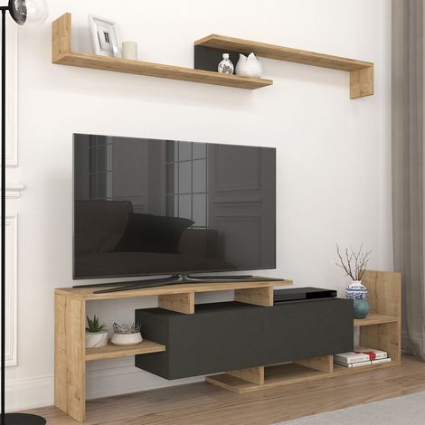 Fernsehschrank Liksefte mit Wandregal 154x28x42 cm Saphir-Eiche/Schwarz [en.casa]