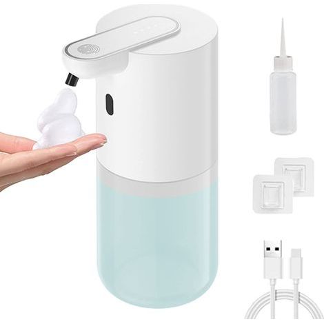 Dispensador automático de gel hidroalcohólico en espuma: funcionamiento sin contacto con sensor de movimiento, recargable, 4 niveles de funcionamiento, color blanco, 400 ml, bomba de pared automática. (1/5)