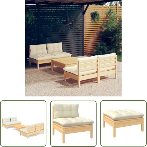 The Living Store - Salon de jardin 5 pcs avec coussins crème bois de pin (1/5)