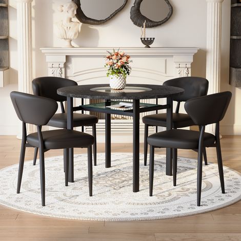 Ensemble table ronde Ø100 cm noir effet bois avec incrustation et étagère en verre avec 4 chaises de salle à manger en PU noir (1/5)