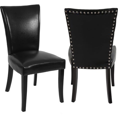 Lot de 2 chaises de salle à manger Chesterfield av rivets - similicuir noir, pieds foncés