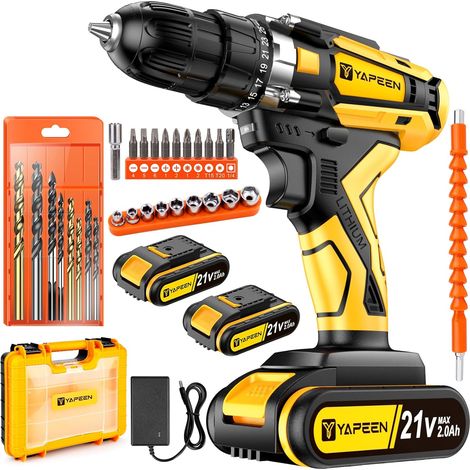 Visseuse Devisseuse, 21V Perceuse Visseuse Sans Fil, Kit Perceuse Electrique 45N.m couple Max, 2 Vitesses, Réglage de Couple 20+1, 28 Accessoires, HSS 6542 percer, Professionnel pour Bricolage (1/5)