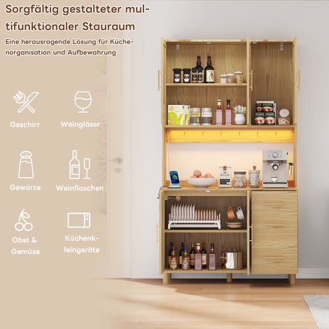 Meuble de rangement cuisine 183 cm avec éclairage LED à distance via appli, 2 ports USB et 2 prises, étagères modulables, 3 tiroirs, poignées dorées en métal, parfait pour cuisines et espaces repas. (1/5)