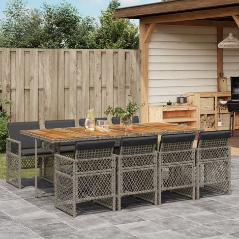Set comedor jardín 9 pzas y cojines ratán sintético gris vidaXL