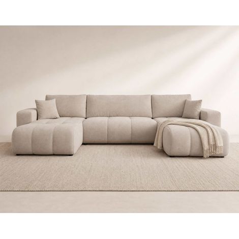 Nicole - canapé panoramique en u 7 places convertible avec coffre en tissu - taupe