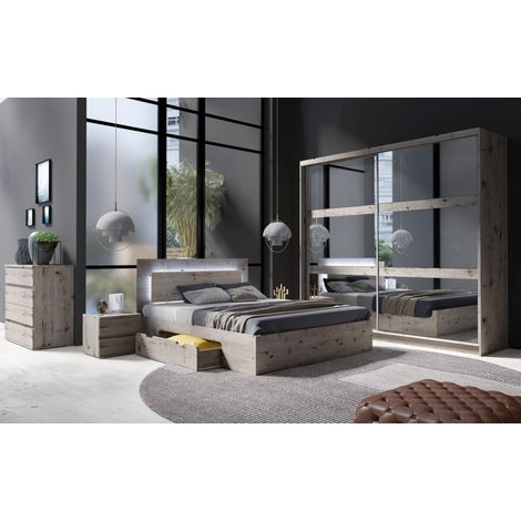 Komplettes Schlafzimmer VELTIS – Bett 160x200 LED mit Lattenrost + Kleiderschrank + Kommode + Nachttische – Wellington Eiche