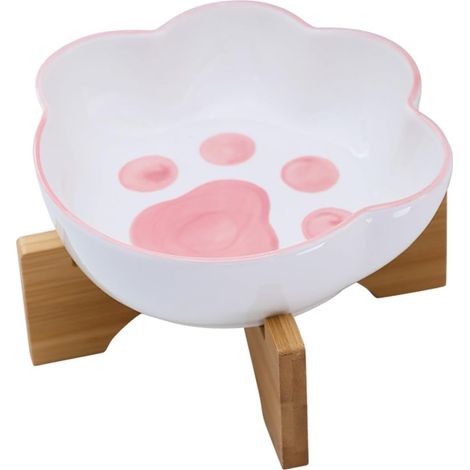 Gamelle pour chat rose en forme de patte avec support en bois, bol à eau et à nourriture, accessoire stable pour félin, lot de 2 pièces, idéal repas quotidien (1/5)