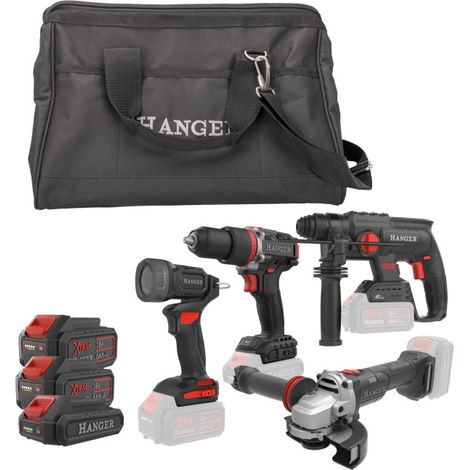 Pack 4 outils 18V KT40C5 (DD18-60 + HX18-22 + GX18-8 + LI18-400) + 2 batteries 5Ah + 1 batterie 2Ah + chargeur rapide + sac de transport - HANGER - 408201 (1/2)