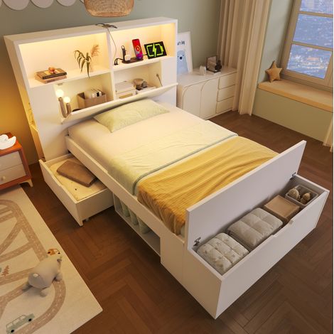 Bett mit Stauraum Holz Weiß 90x200 cm mit LED, USB-Anschlüssen, Schubladen, Regalen und Bettbank (1/5)