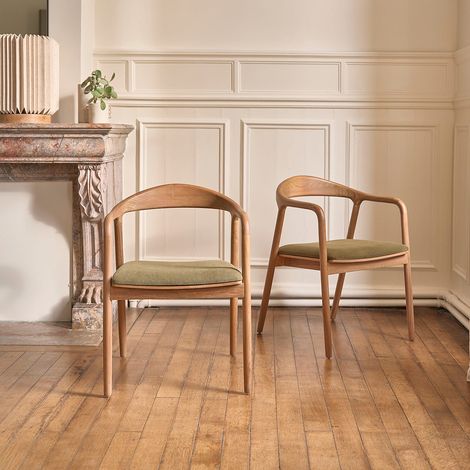 Lot de 2 chaises en teck massif assise velours côtelé kaki (1/5)