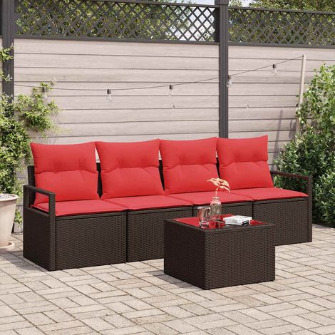 Sofa Set 5 pcs Braun und Rot Poly-Rattan
