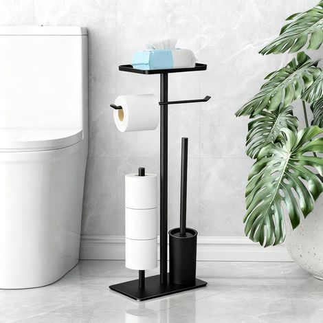 Porte Papier Toilette sur Pied avec Brosse WC - Noir Acier Inoxydable avec étagère Ensemble de Toilette,Dérouleur Papier 2en1 Aucun Perçage Requis Comprenant Un Porte Rouleau et Une Brosse Espace (1/5)