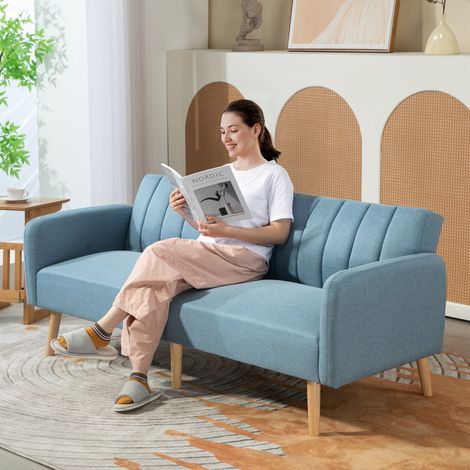 Divano letto a 2 posti rivestito in tessuto sintetico effetto lino con schienale regolabile e braccioli removibile, 173x75x73 cm, blu.