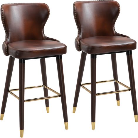 CHICFURN 2 taburetes de bar 52x53x101 cm, cuero sintético marrón, patas de madera y reposapiés (1/5)