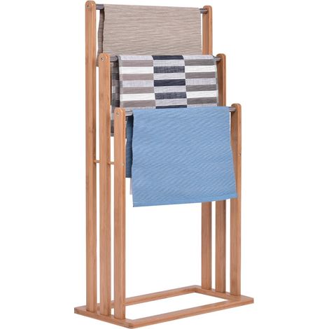 COSTWAY Handtuchhalter Handtuchstaender Standhandtuchhalter 3 Handtuchstangen aus Bambus & Edestahl Freistehend Handtuch Staender (1/5)