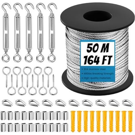 50 m Edelstahl-Aufhängeseil-Set, beschichtetes Kabel mit M5-Spannern, Metallseil-Set für Kletterpflanzen, zum Aufhängen im Außenbereich, Wäscheleine, Kronleuchter für den Außenbereich - (1/5)