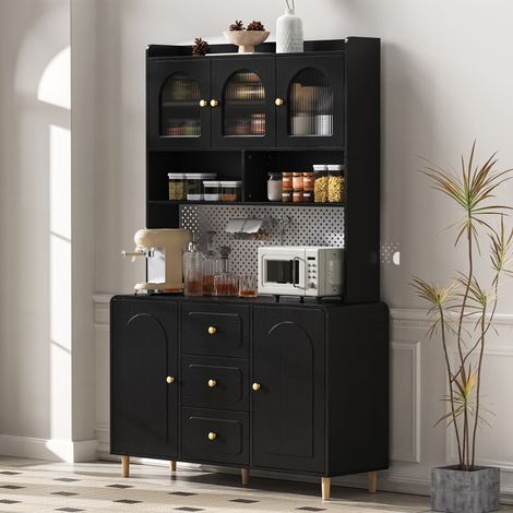 Buffet haut de cuisine en MDF noir 120 x 40 x 190 cm, verre strié, 3 tiroirs, étagères réglables et panneau perforé (1/5)
