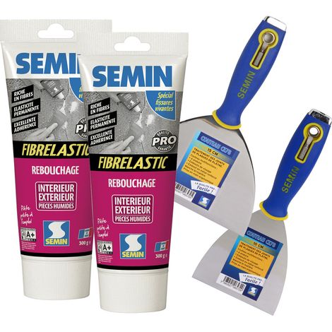 Enduit de rebouchage élastique pour fissures vivantes Fibrelastic Semin - intérieur/extérieur - tube de 300 g (lot de 2), un couteau à enduire - 10 cm et 15 cm (1/5)
