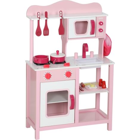 Kinderküche zum Spielen, Zubehör aus Holz, Küchengeräte, kompakt, Geräusche, Rosa 
On-Site