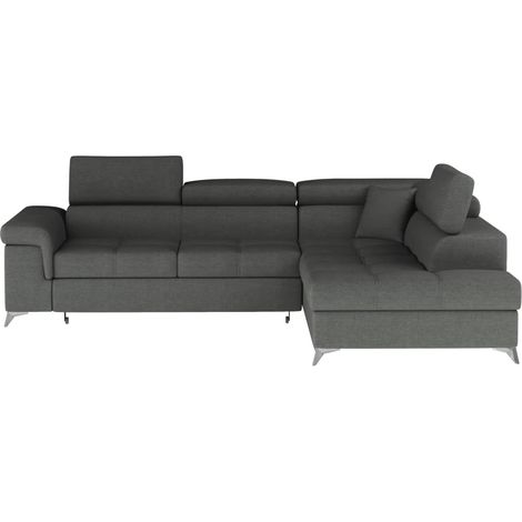 Canapé d'angle convertible tissu MARIDO - Coffre et appuis-tête réglables-Gris-angle droit (1/5)