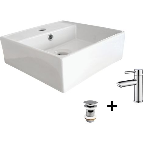 Lavabo da appoggio quadrato NINO 38x38cm + rubinetto + piletta