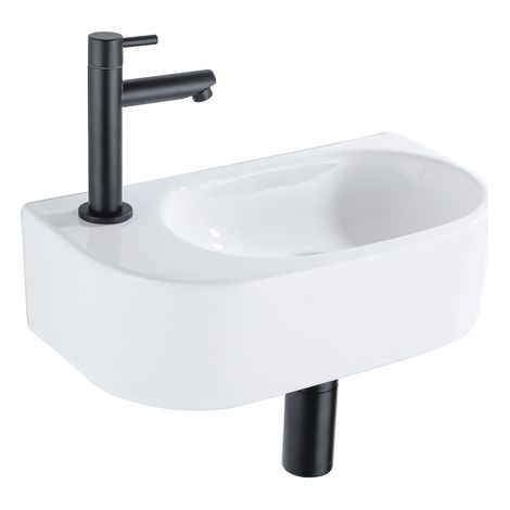 QeramiQ Fuente Ensemble lave-mains - 40x21,5x12cm - gauche - lisse - semi-rond - 1 trou de robinet - céramique - robinet de lave-mains noir mat - (1/5)