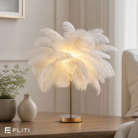 FLITI-Lampe de table plumes d'autruche – Abat-jour 40 cm – H 50 cm – LED rechargeable 3W – Lumière chaude/neutre/blanche – Interrupteur tactile (1/5)