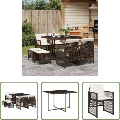 vidaXL Gartenstuhl - 9-tlg. Garten-Essgruppe mit Kissen Braun Poly Rattan (1/5)