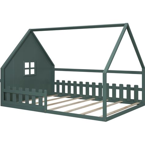 Lit cabane enfant 140 x 200 cm en pin et MDF vert avec barrière (1/5)