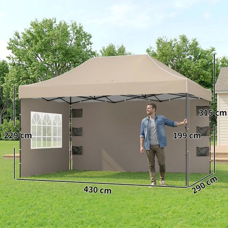Pavillon pliable (avec parois latérales et fenêtres), 2,9 x 4,3 m, métal et tissu Oxford, brun sable (1/5)
