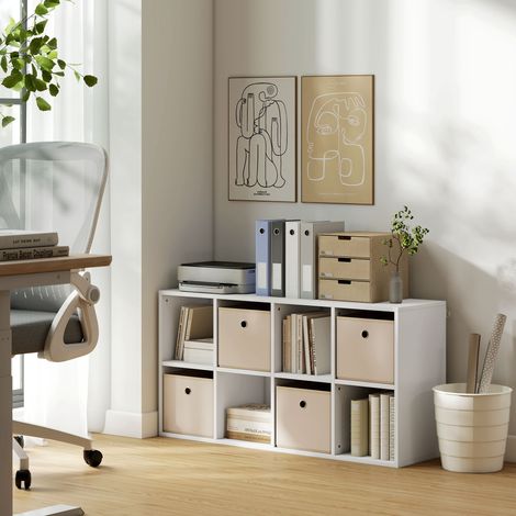 Scaffale a 8 cubi con 4 cassetti in tessuto, configurabile in orizzontale o in verticale, per soggiorno o camera da letto, 105,9x30x53,7 cm, bianco e beige. (1/5)