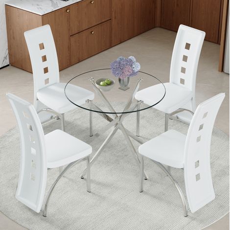 Set tavolo rotondo in vetro temperato 88 cm e 4 sedie bianche in PU, metallo argentato (1/5)