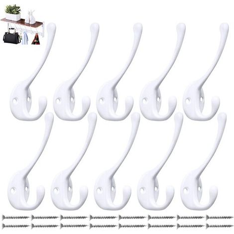 Lot de 10 crochets muraux doubles robustes - Crochets doubles noirs vintage et pratiques - Vis incluses - Blanc - Convient pour suspendre manteaux, écharpes, sacs, serviettes, clés, chapeaux, tasses, (1/5)