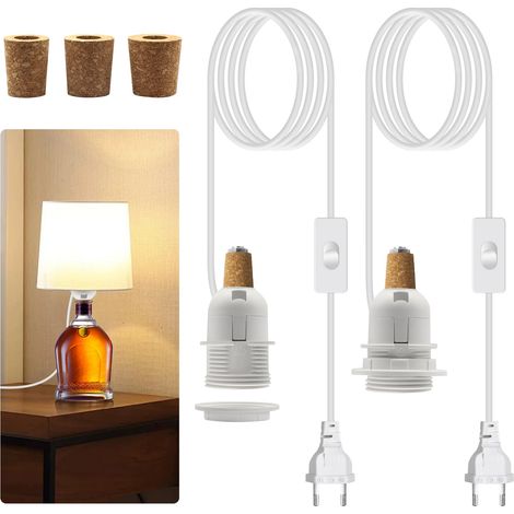 Douille E27 avec Cable et Interrupteur de 2,4m, 2 Pcs Kit Lampe à Bouteille, Adaptateur de Lampe e27 pour Bouteille de Vin, Support Lampe pour Douille Ampoule E27, 3 Tailles de Bouchons DIY Bouteille (1/5)
