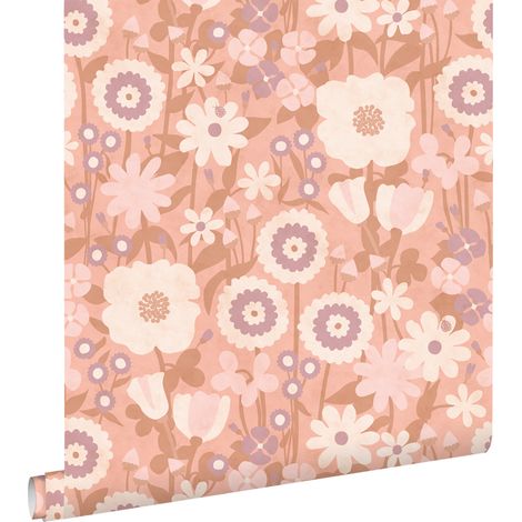 papier peint fleurs rétro rose, violet et beige  - ESTAhome