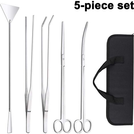Kit D'outils Aquarium - Grattoir Long Acier Inoxydable - Pince À Épiler Ciseaux Spatule - Pour Plantation Aquatique - 5 Pièces (1/5)