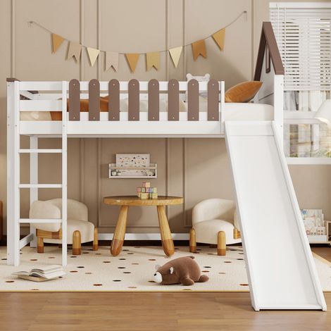 Lit superposé avec toit et fenêtre, échelle droite à trois marches, lit junior, lit enfant avec toboggan, pin et MDF, blanc et noyer, 90 x 200 cm (1/5)