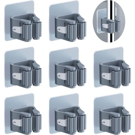 Pack of 8 broom holders, self-adhesive broom holders, no drilling, mop holder, wall mount, tool holder for garden tools, for kitchen, bathroom, garage, gray