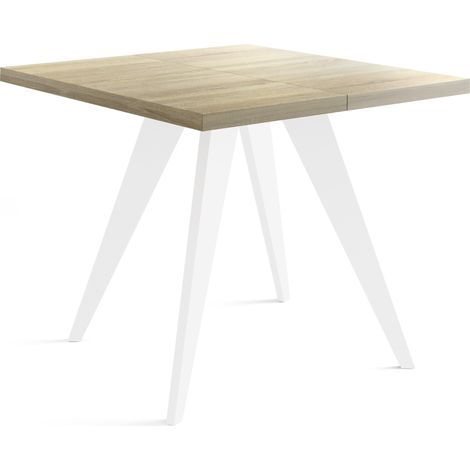 Quadratischer Ausziehbarer Esstisch Quadro 100-150 cm - Industrial Esszimmertisch mit Weißen Holzbeinen für 4-6 Personen - Loft-Stil Küchentisch - Sonoma Eiche