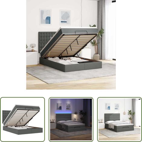 vidaXL LED-Beleuchtung - Ottoman-Bett mit Matratze & LEDs Dunkelgrau 140x190 cm Stoff (1/5)