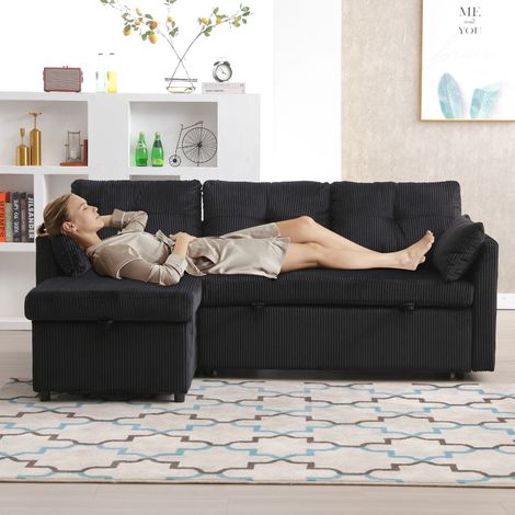 Canapé d'angle modulable , convertible lit gigogne avec rangements & méridienne, multifonctionnel noir. 206x108x66cm (1/5)