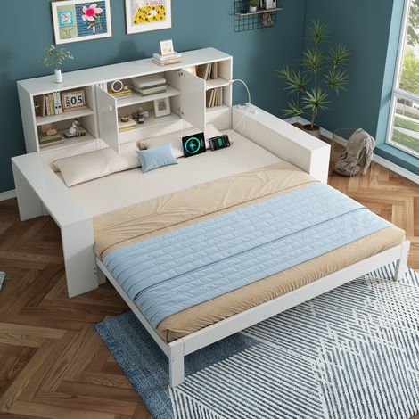 Cama blanca de MDF con espacio de almacenamiento, 90x200 cm, con cama extraíble, puertos USB/USB-C y somier de láminas incluido. (1/5)