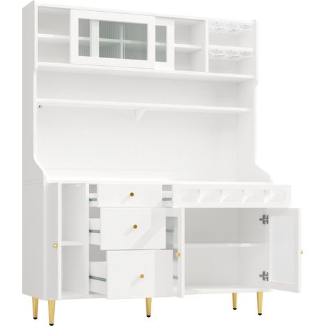 Aparador alto blanco 145 x 39 x 171 cm con LED, estantes ajustables y botellero (1/5)